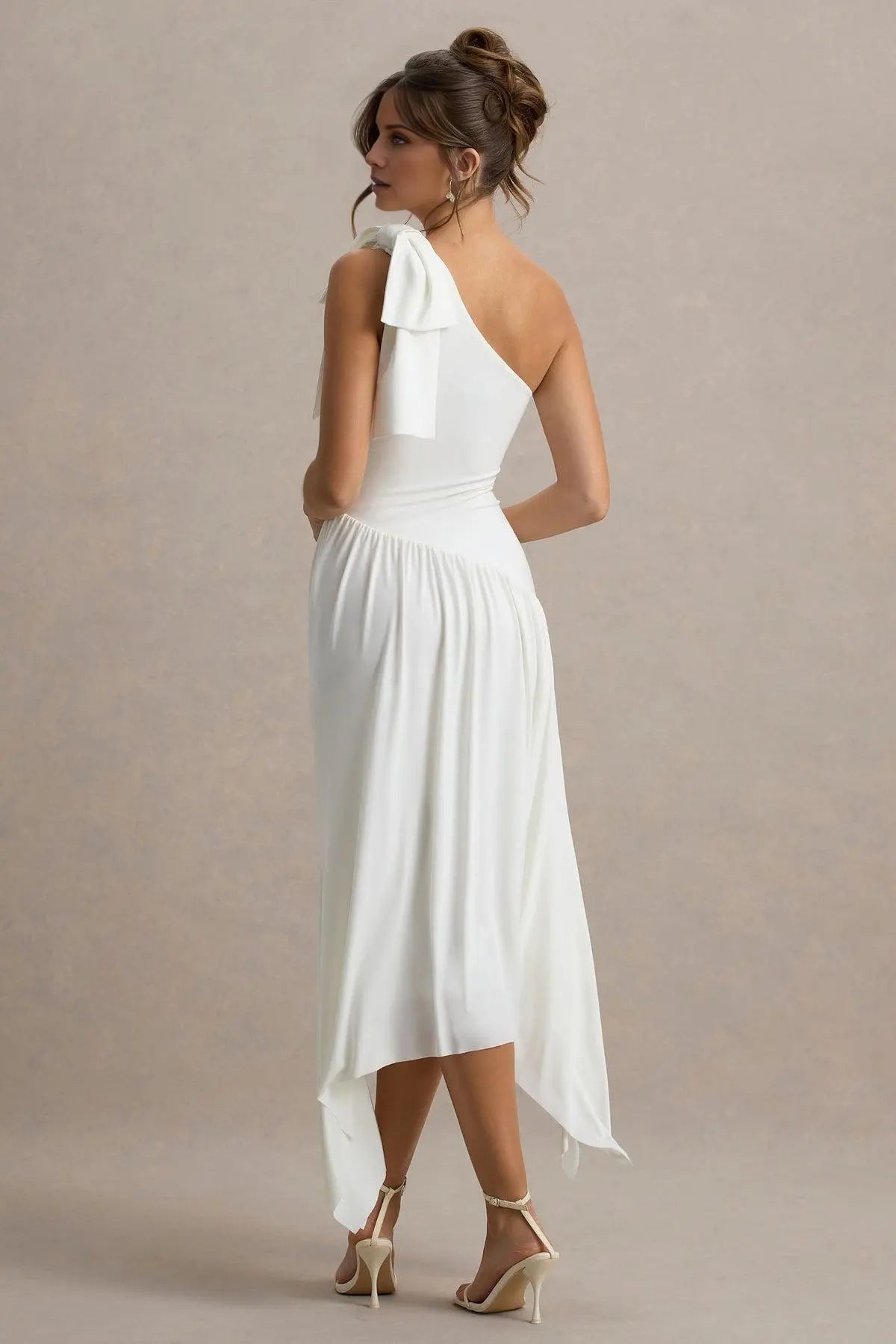 Weitese Simple White Satin One Shoulder Bow Sleeveless Evening Dress with Pleated Prom Dress