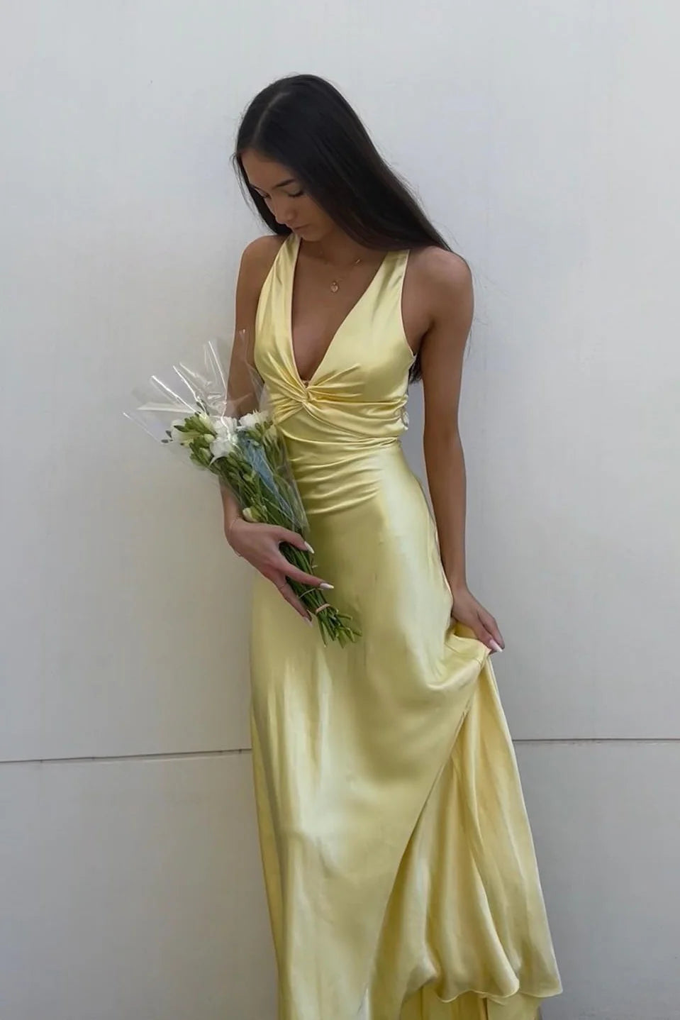 Weitese Sleeveless V Neck Yellow Open Back Satin Bow Back Party Dress Floor Length Prom Dress Prom Dresses Stores