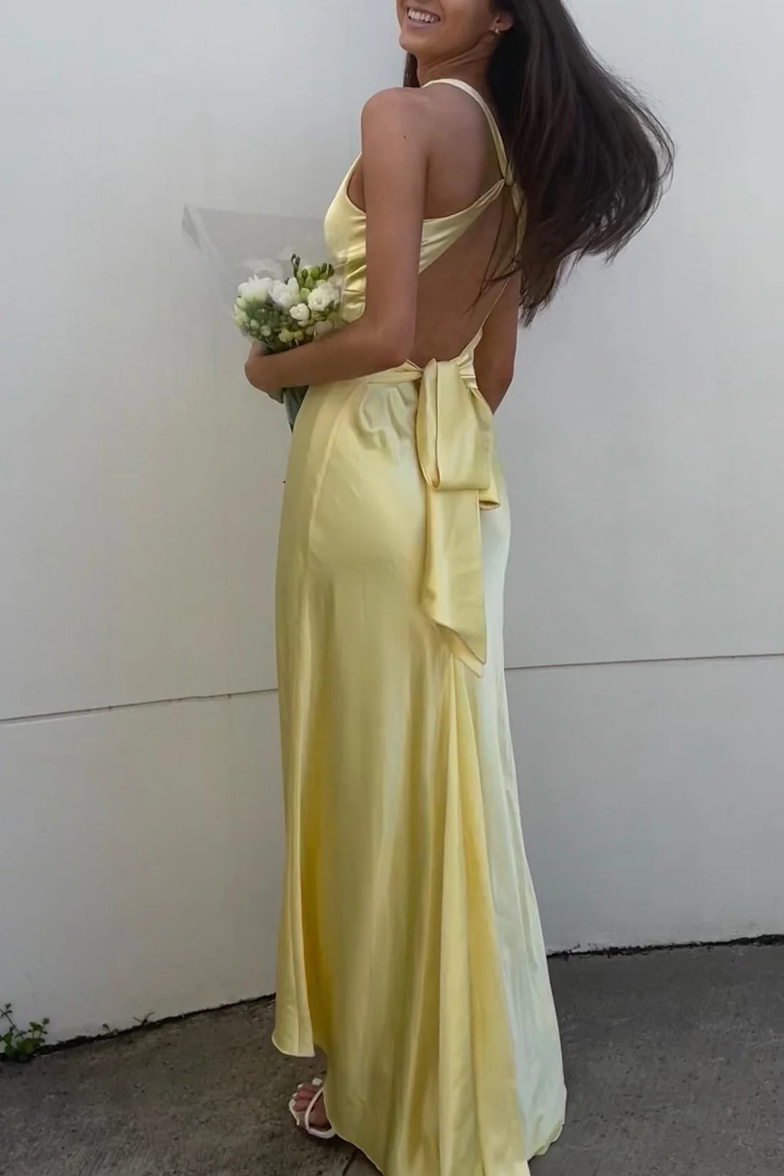 Weitese Sleeveless V Neck Yellow Open Back Satin Bow Back Party Dress Floor Length Prom Dress Prom Dresses Stores
