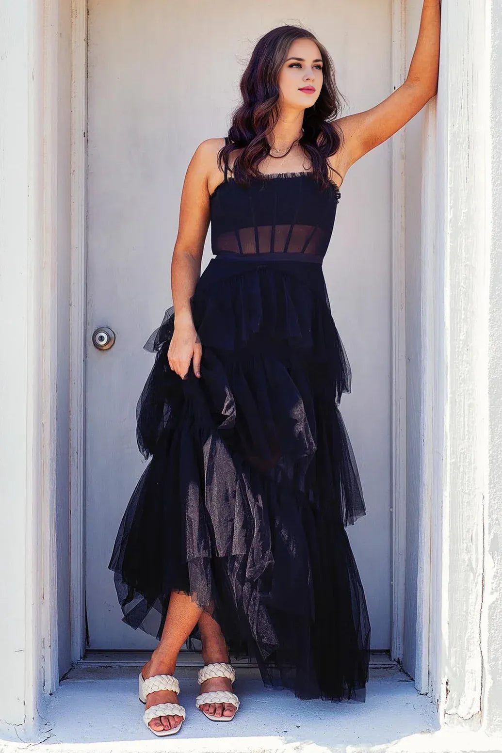 Weitese Spaghetti Straps A-line Black Tiered Ruffle Tulle Long Party Dress Prom Dress Prom Dresses Stores