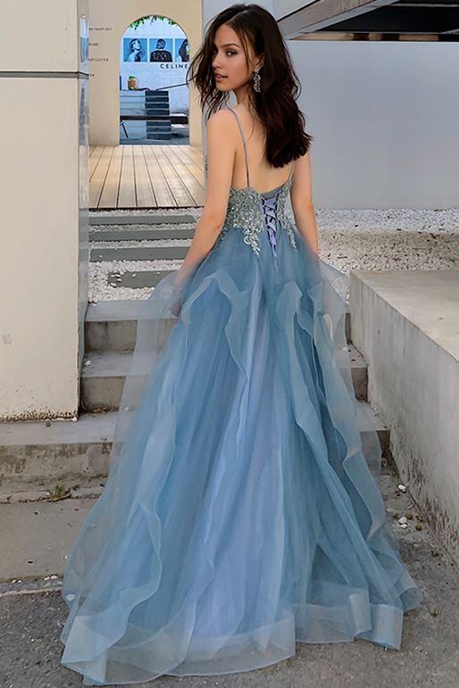 Weitese Spaghetti Straps A-line Blue Lace Appliques Long Prom Dress Floor Length Prom Dress Prom Dresses Stores