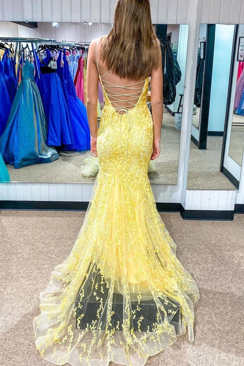 Weitese Spaghetti Straps Backless Lace Up Mermaid Yellow Lace Appliques Long Prom Dress Prom Dresses Stores