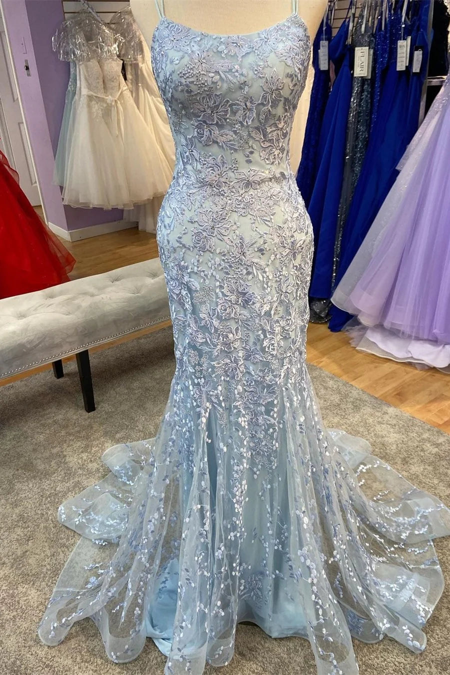 Weitese Spaghetti Straps Backless Lace Up Mermaid Yellow Lace Appliques Long Prom Dress Prom Dresses Stores