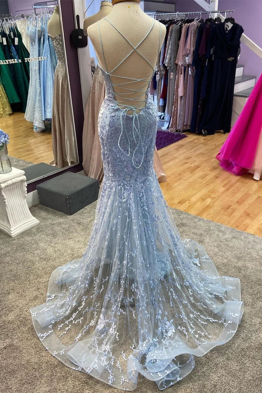 Weitese Spaghetti Straps Backless Lace Up Mermaid Yellow Lace Appliques Long Prom Dress Prom Dresses Stores