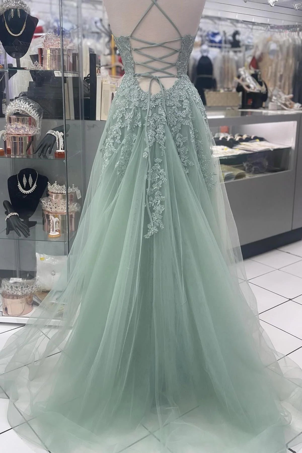 Weitese Spaghetti Straps Sage Green Appliques Tulle Backless Long Formal Dress Prom Dress Prom Dresses Stores