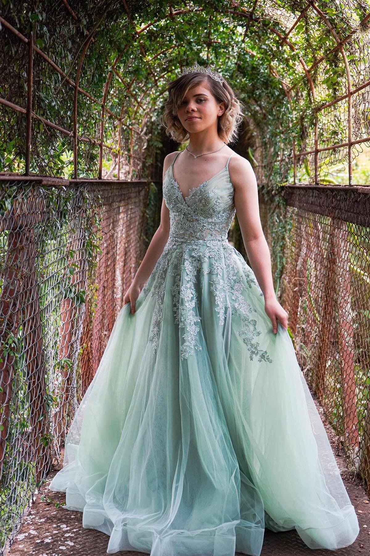 Weitese Spaghetti Straps Sage Green Appliques Tulle Backless Long Formal Dress Prom Dress Prom Dresses Stores