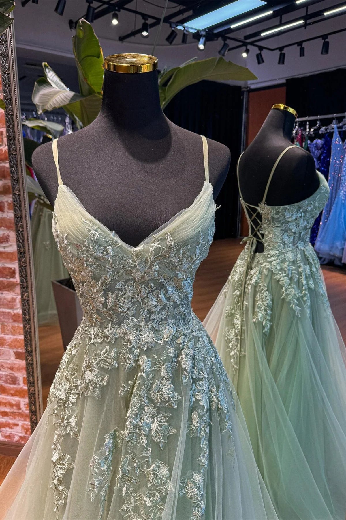 Weitese Spaghetti Straps Sage Green Appliques Tulle Backless Long Formal Dress Prom Dress Prom Dresses Stores