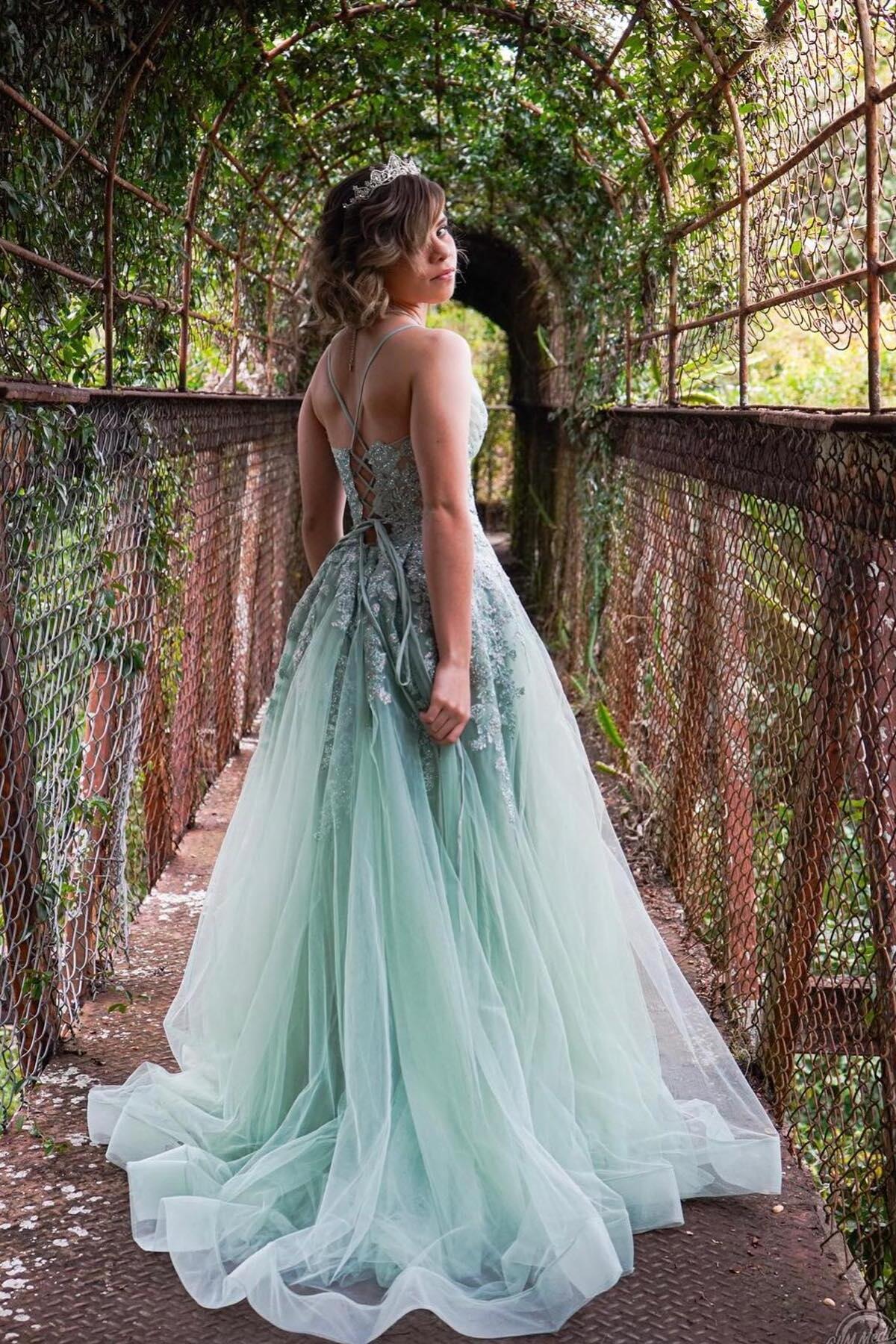 Weitese Spaghetti Straps Sage Green Appliques Tulle Backless Long Formal Dress Prom Dress Prom Dresses Stores