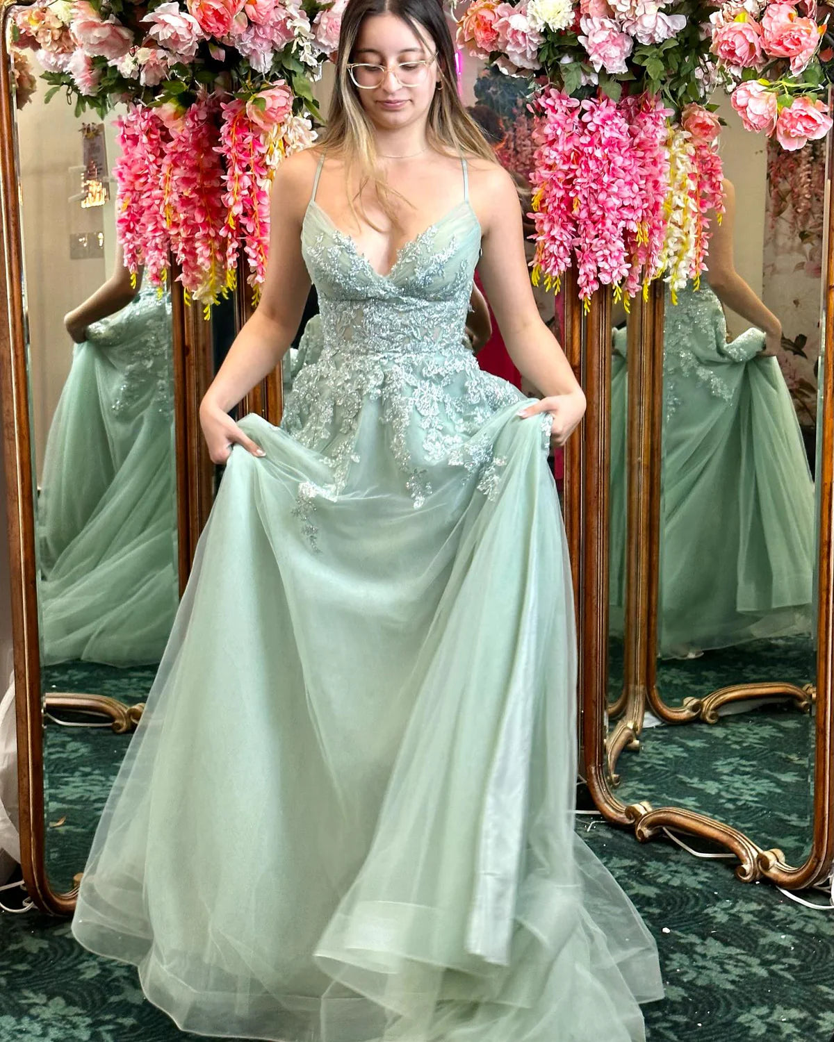 Weitese Spaghetti Straps Sage Green Appliques Tulle Backless Long Formal Dress Prom Dress Prom Dresses Stores