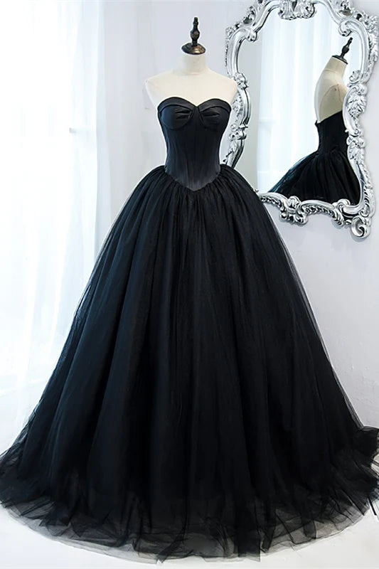 Weitese Strapless A-line Gorgeous Sweetheart Black Ball Gown Tulle Sleeveless Prom Dress Prom Dresses Stores ﻿