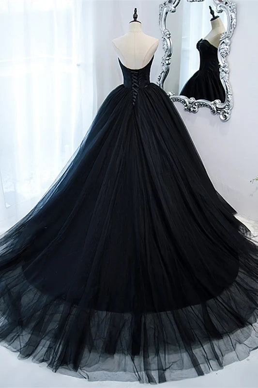 Weitese Strapless A-line Gorgeous Sweetheart Black Ball Gown Tulle Sleeveless Prom Dress Prom Dresses Stores ﻿