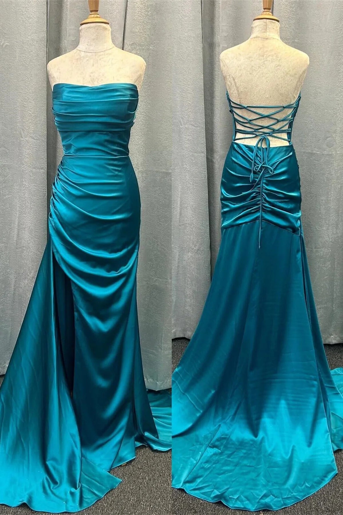 Robe de bal sirène en satin bleu sarcelle, dos nu, bustier et froncée, avec fente au sol, longueur au sol, robes de bal, magasins 