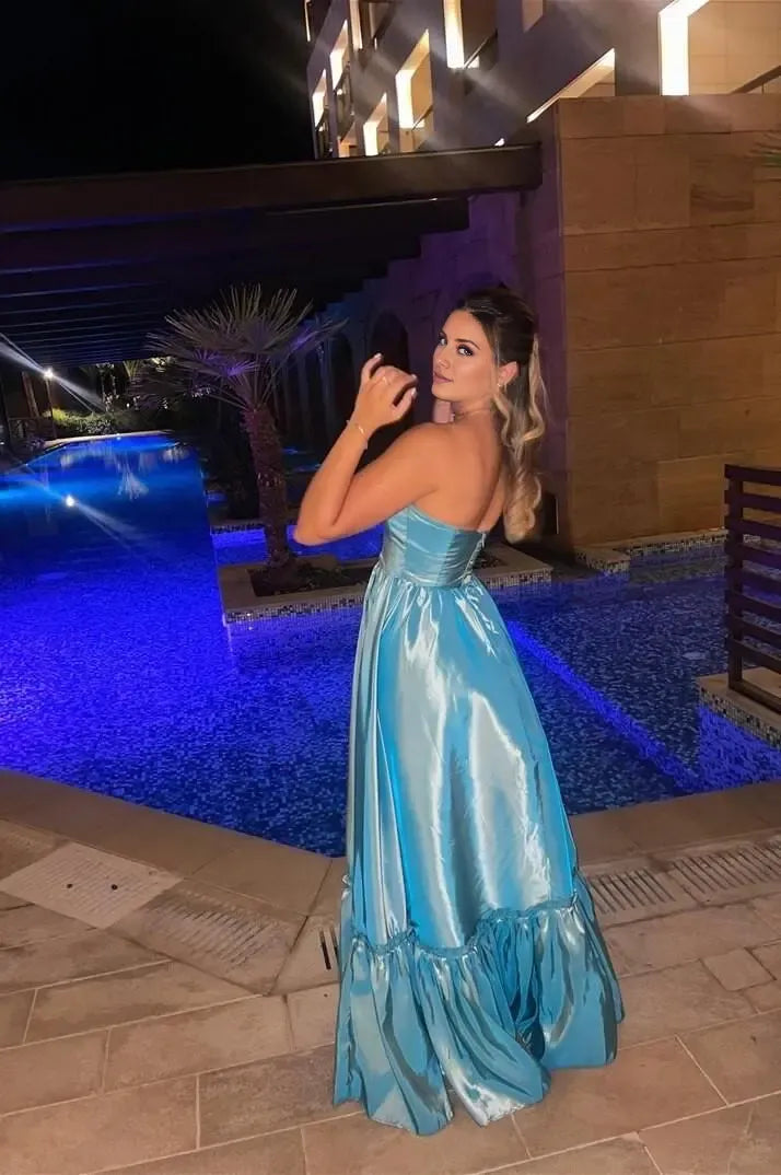 Weitese Stunning Bright Blue Satin Strapless Sleeveless A Line Evening Dress with Pleated Prom Dress