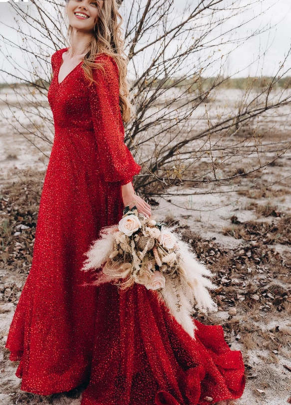 Weitese V Neck Red Wedding Dress With Sequins Beads Bridal Gown Prom Dress Long Sleeves Mermaid