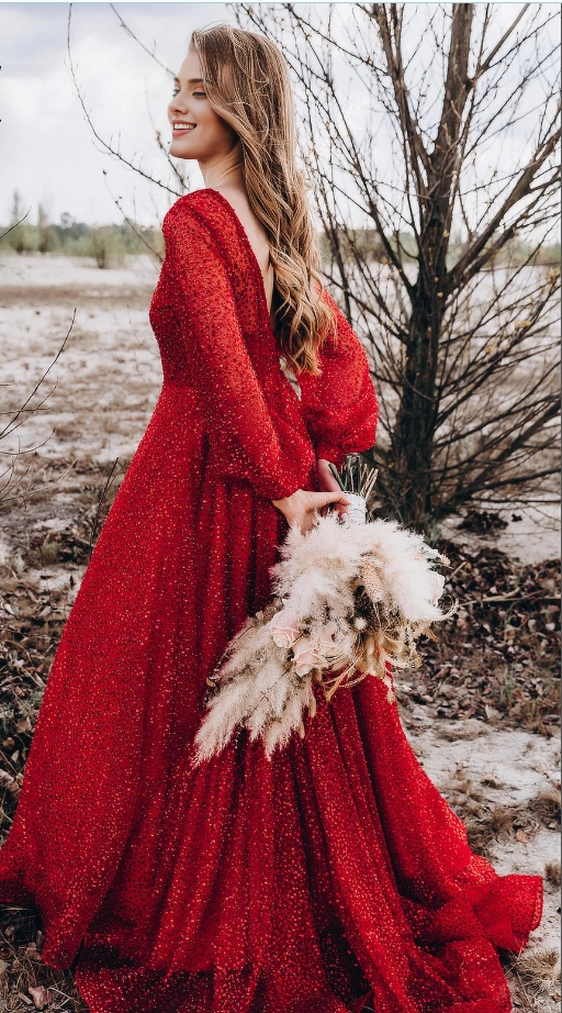 Weitese V Neck Red Wedding Dress With Sequins Beads Bridal Gown Prom Dress Long Sleeves Mermaid