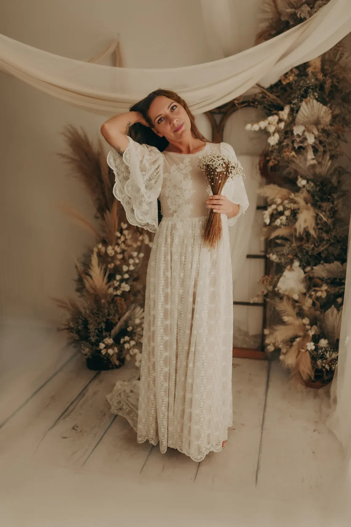 Weitese Wedding Dress Lace Wedding Elopement Dress Flutter Sleeve Floor Lengthround Neck Backless Lace Up  Bride Dress