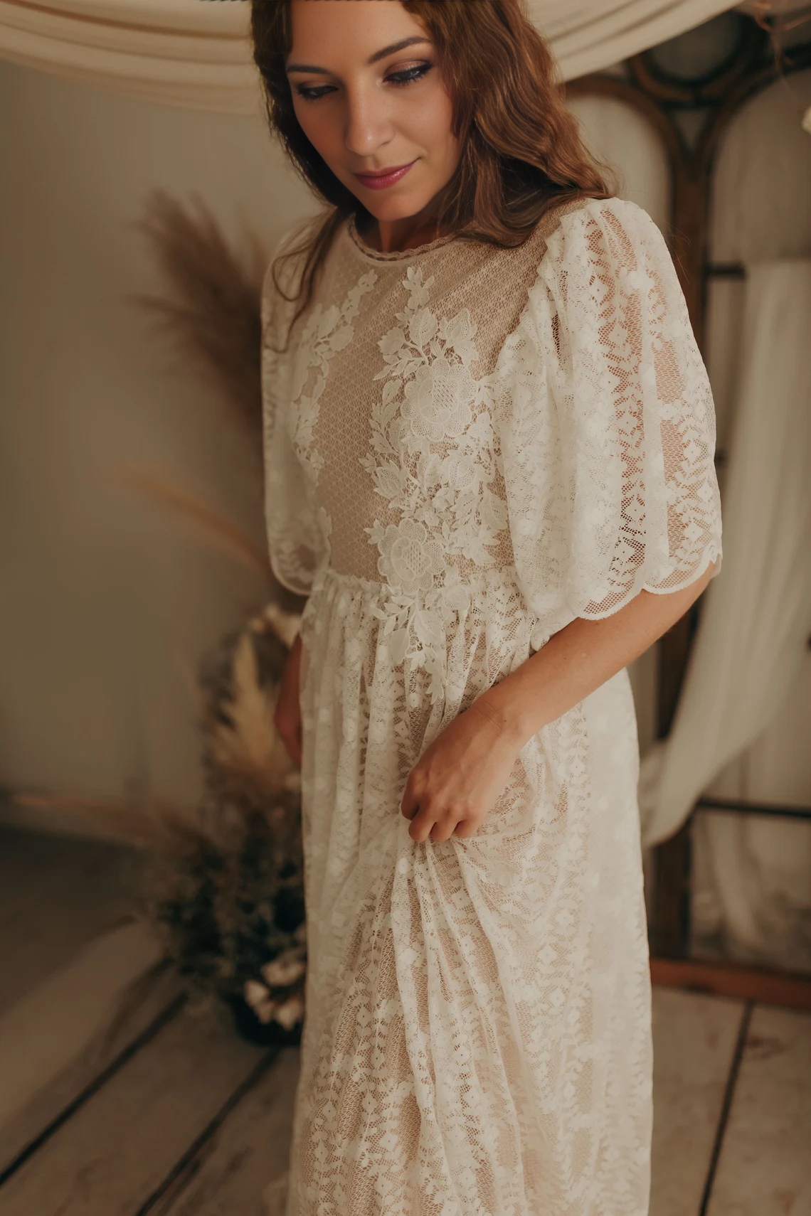 Weitese Wedding Dress Lace Wedding Elopement Dress Flutter Sleeve Floor Lengthround Neck Backless Lace Up  Bride Dress