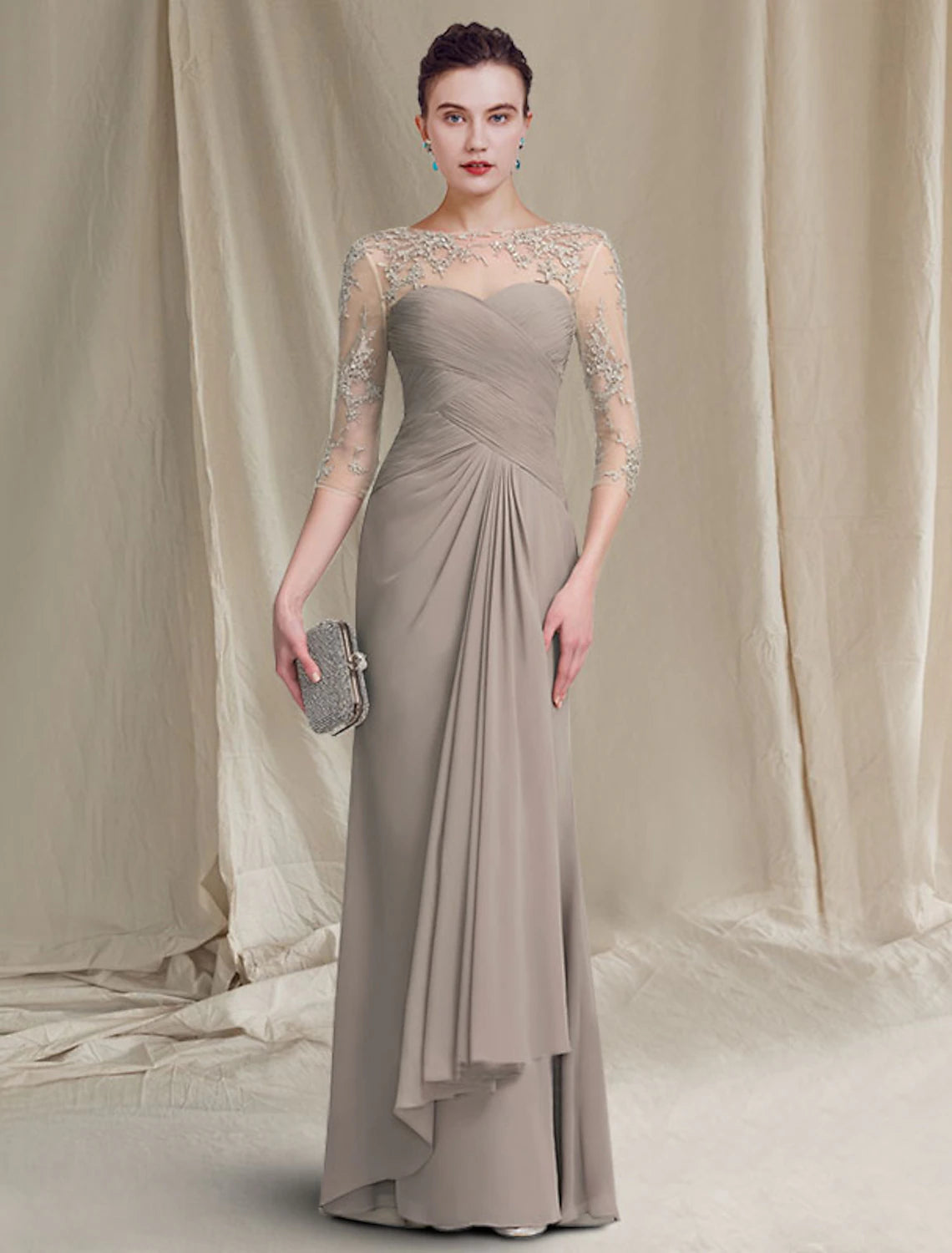 Weitese A-Line Mother of the Bride Dress Elegant Jewel Neck Floor Length Chiffon Lace 3/4 Length Sleeve with Ruched Appliques