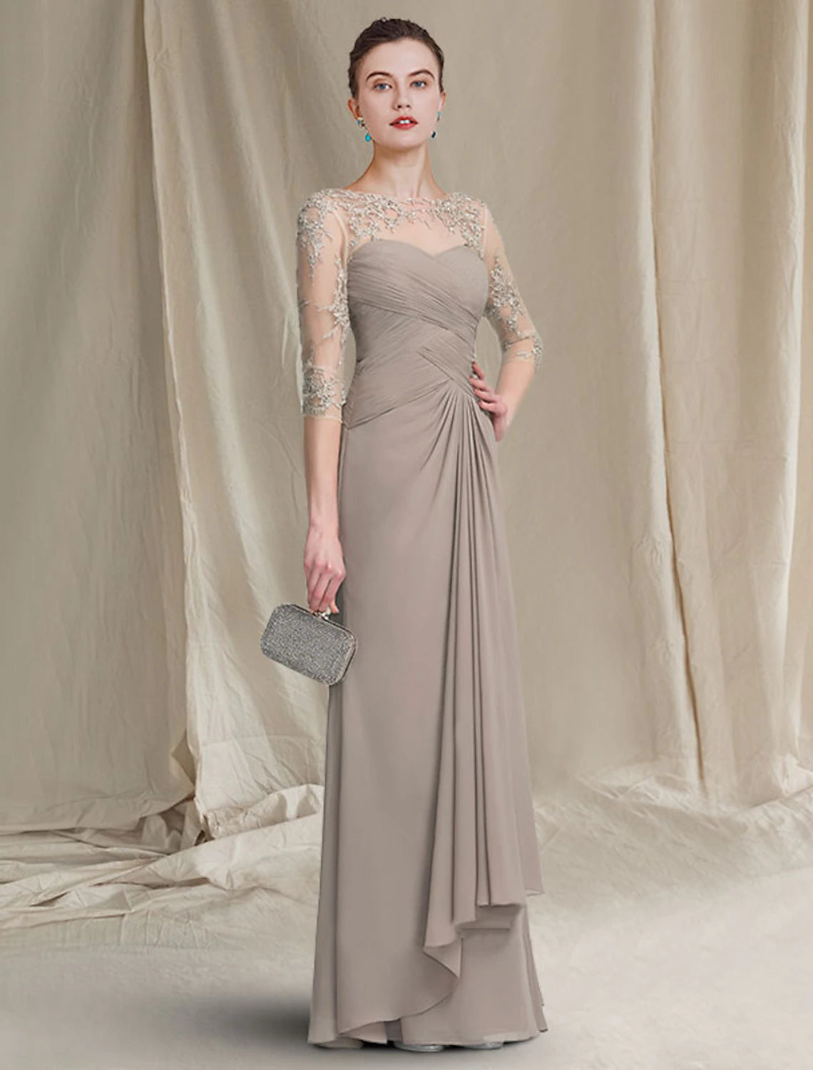 Weitese A-Line Mother of the Bride Dress Elegant Jewel Neck Floor Length Chiffon Lace 3/4 Length Sleeve with Ruched Appliques