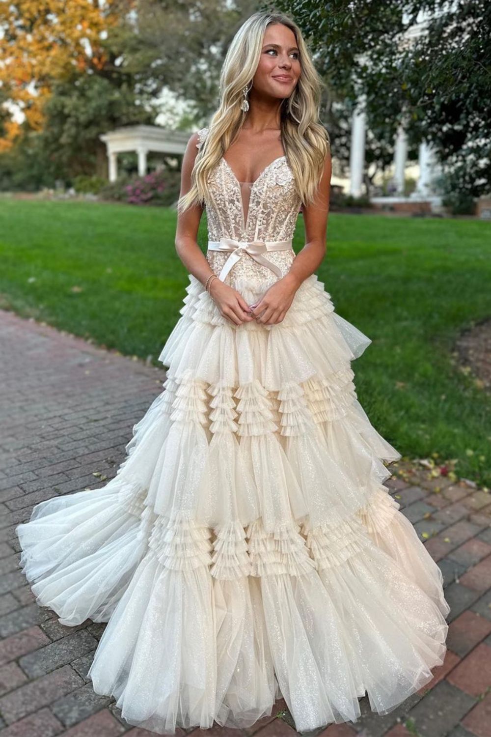 Weitese A-Line Off The Shoulder Lace-Corset Tiered Tulle Champagne Long Prom Dress