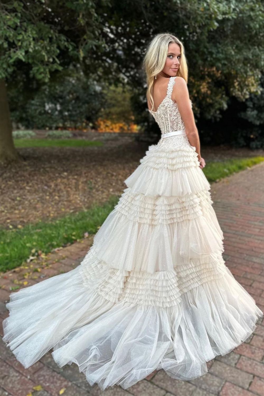 Weitese A-Line Off The Shoulder Lace-Corset Tiered Tulle Champagne Long Prom Dress