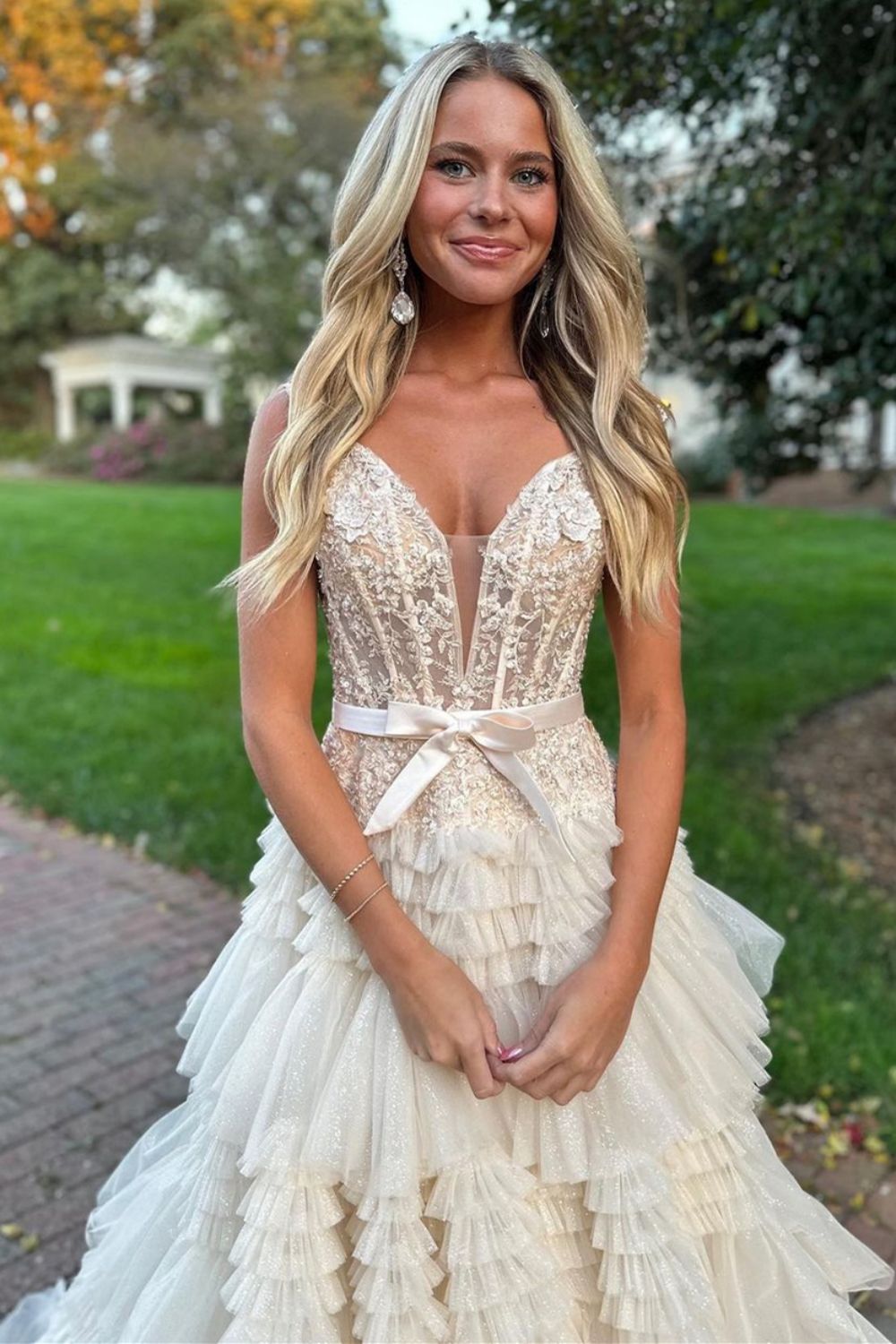 Weitese A-Line Off The Shoulder Lace-Corset Tiered Tulle Champagne Long Prom Dress