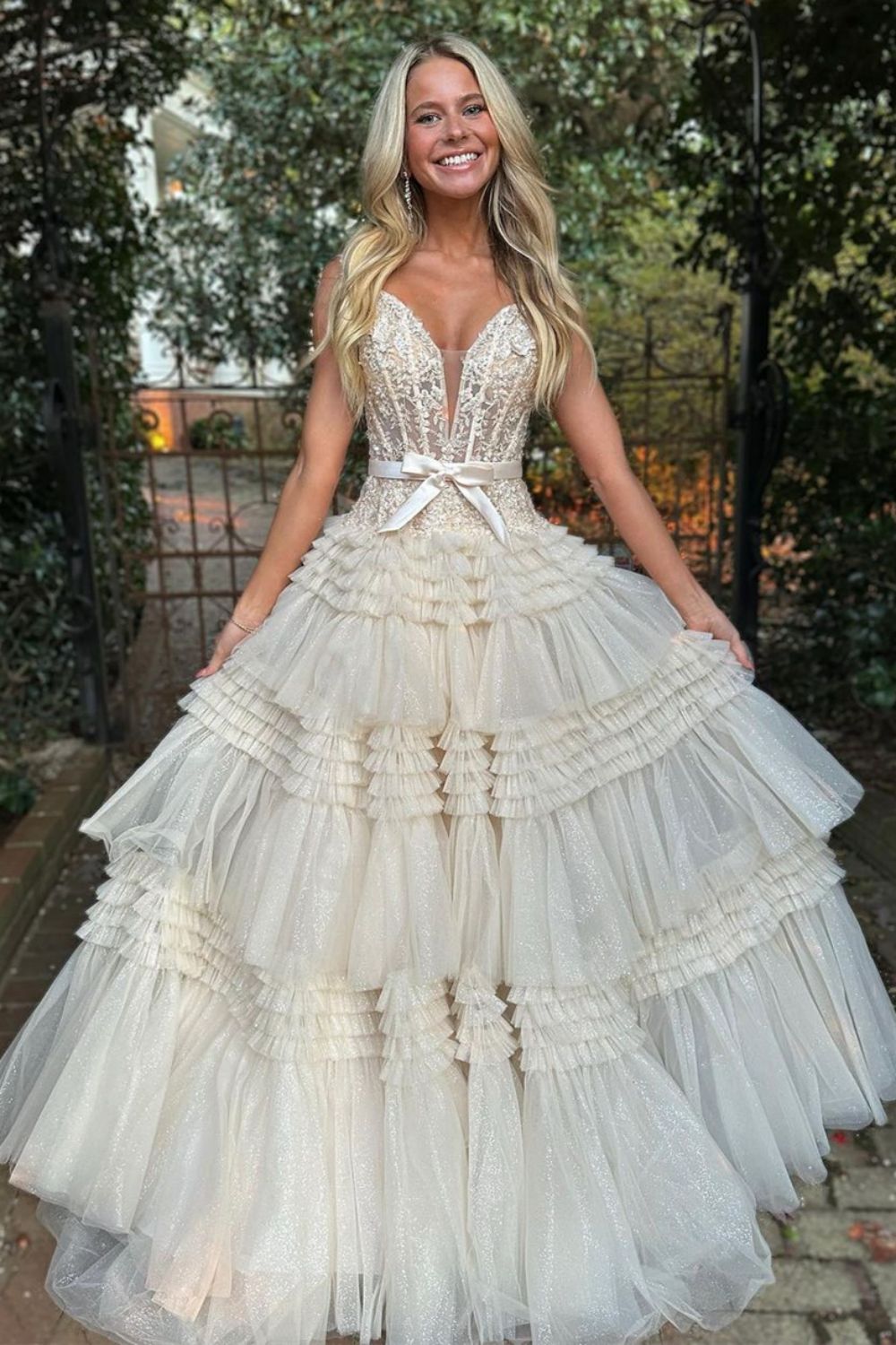 Weitese A-Line Off The Shoulder Lace-Corset Tiered Tulle Champagne Long Prom Dress