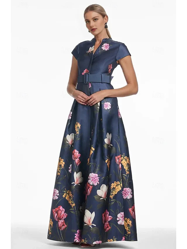 Weitese Dress A-Line Evening Dress High Split Dress Formal Wedding Guest Floor Length Short Sleeve V Neck Satin With Floral Print Dress Wedding Guest Dress