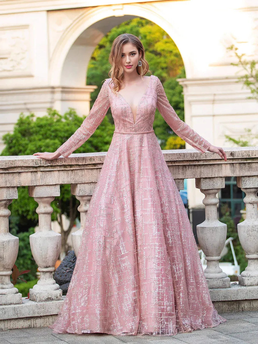 Weitese Dress A-line Luxurious Fashion V-neck Formal Evening Dresses Long Sleeve Floor Length Prom Dresses Party Dress