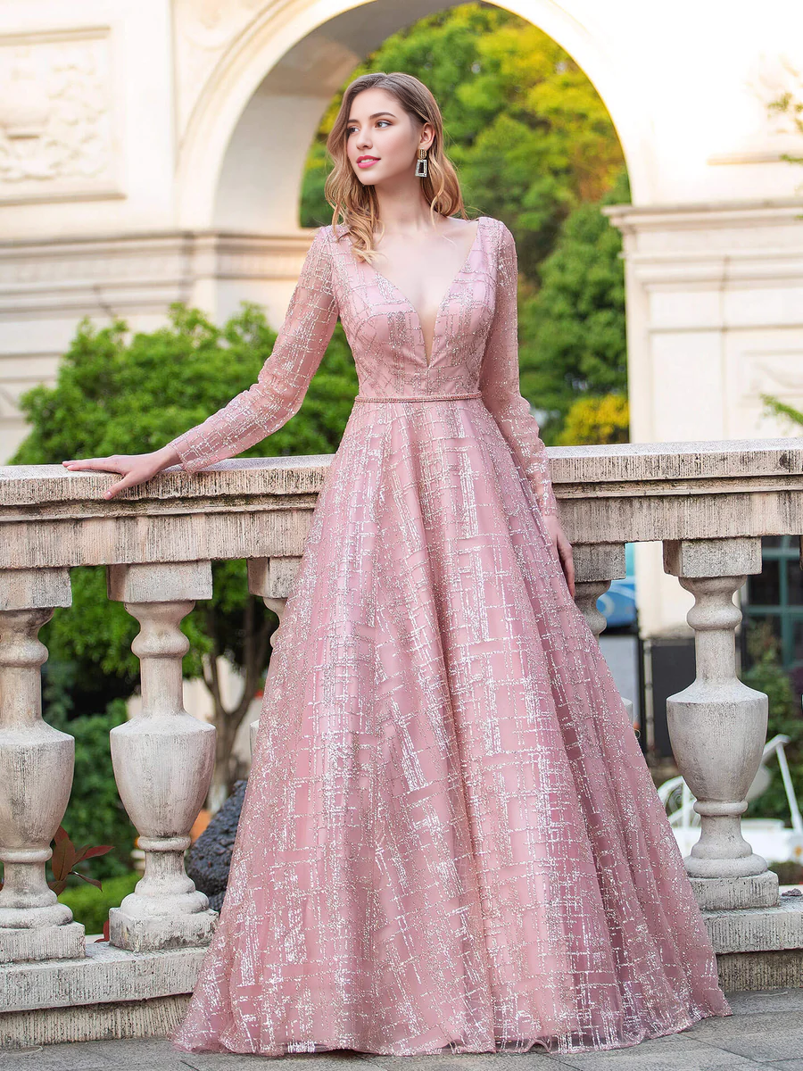 Vestido Weitese de corte A, lujoso, a la moda, con escote en V, formal, de noche, manga larga, largo hasta el suelo, para fiesta de graduación. 