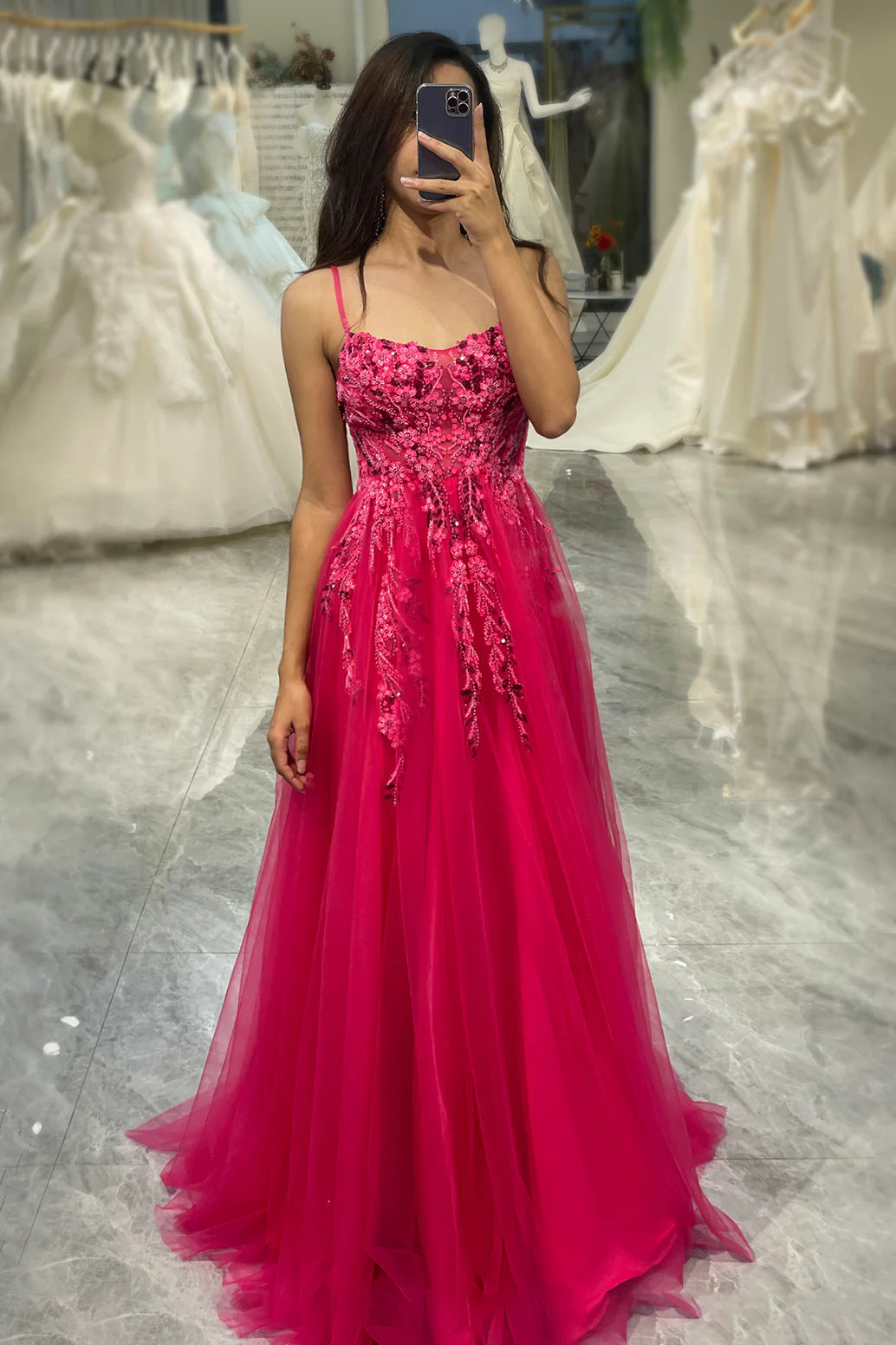 Weitese Dress A Line Fuchsia Spaghetti Straps Tulle Long Prom Dress With Appliques