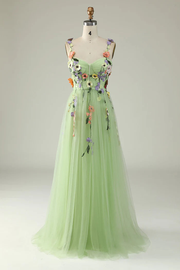 Weitese Dress A Line Spaghetti Straps Green Party Dress With 3D Flowers Prom Dress