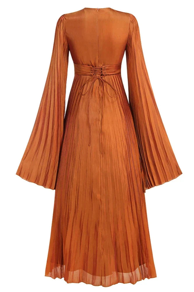 Weitese Dress Bell Long Sleeve Maxi Dress Party Dress Khaki Round Neck Pleated Floor Length Prom Dress