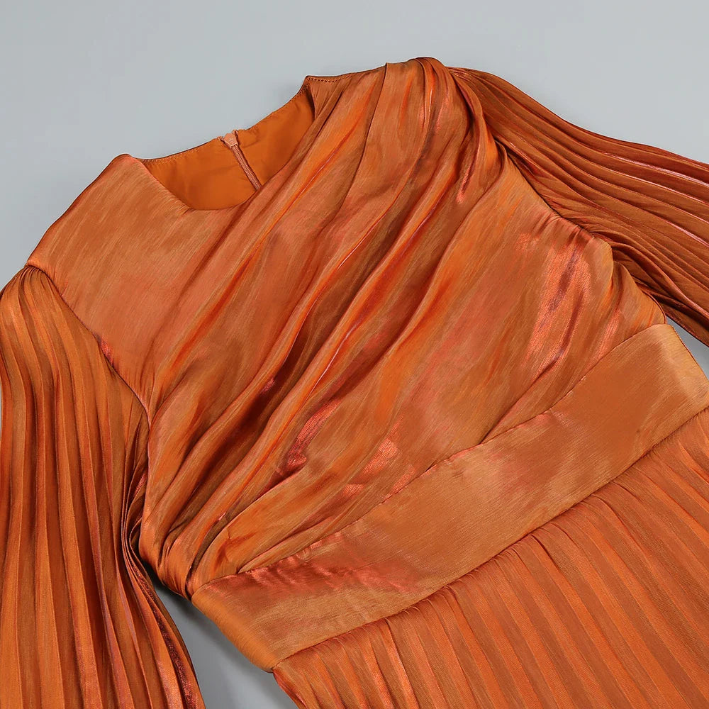 Weitese Dress Bell Long Sleeve Maxi Dress Party Dress Khaki Round Neck Pleated Floor Length Prom Dress