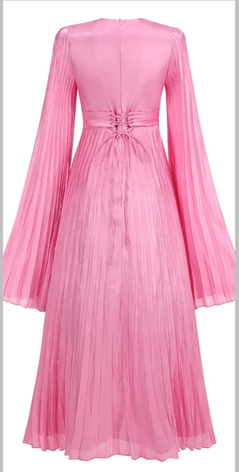 Weitese Dress Bell Long Sleeve Maxi Dress Party Dress Khaki Round Neck Pleated Floor Length Prom Dress