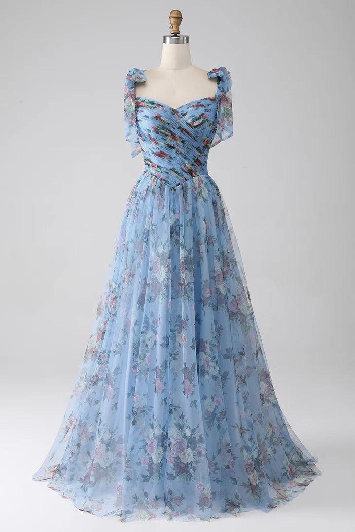 Robe Weitese bleue trapèze imprimée à bretelles réglables, robe de soirée sans manches, robe longue avec robe de bal plissée 