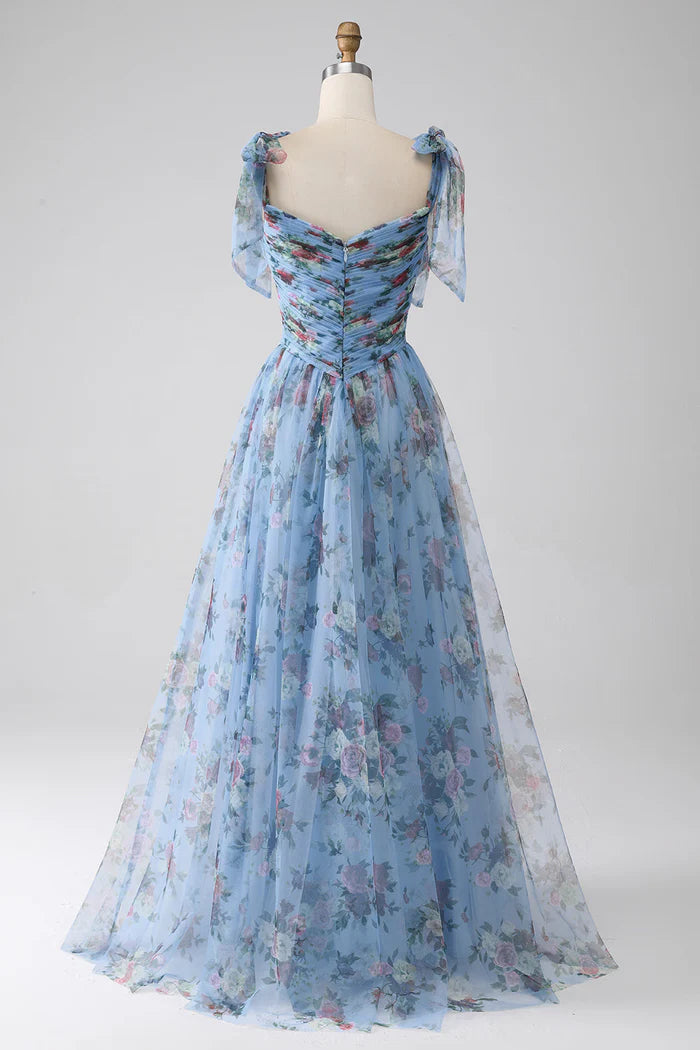 Robe Weitese bleue trapèze imprimée à bretelles réglables, robe de soirée sans manches, robe longue avec robe de bal plissée 