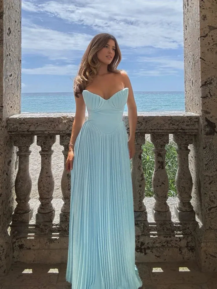 Weitese Dress Blue Pleated Maxi Dress Off-the-Shoulder White Long A-line Sleeveless Party Dress