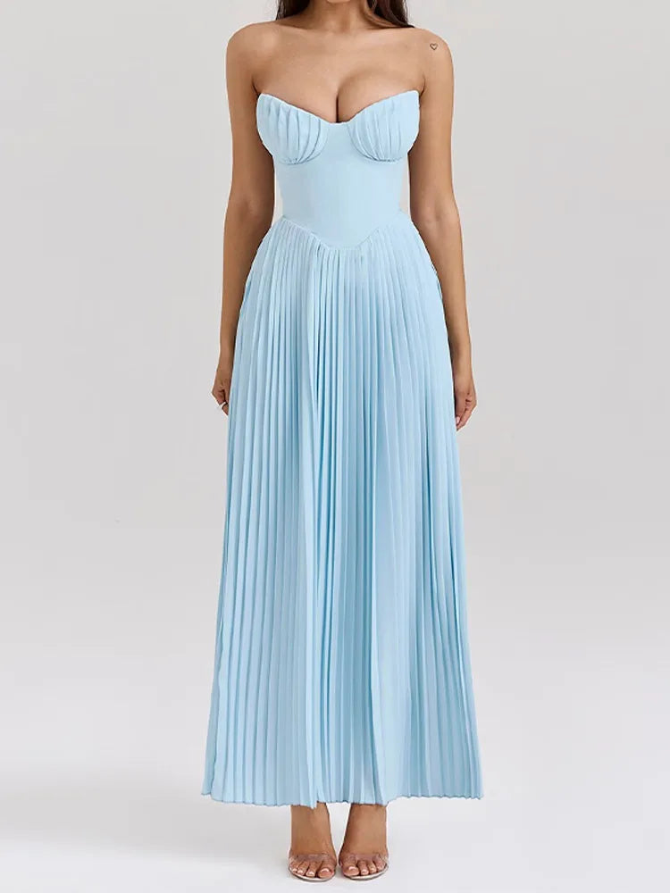 Weitese Dress Blue Pleated Maxi Dress Off-the-Shoulder White Long A-line Sleeveless Party Dress