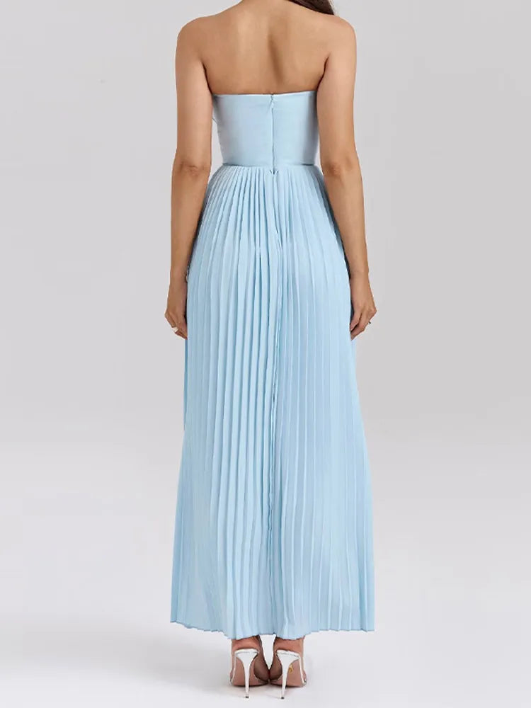 Weitese Dress Blue Pleated Maxi Dress Off-the-Shoulder White Long A-line Sleeveless Party Dress
