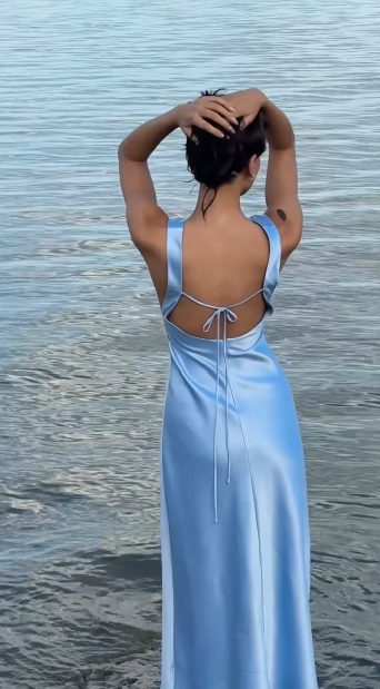Weitese Dress Blue Simple Elegant V-neck Long Satin Ball Gown Evening Prom Dress
