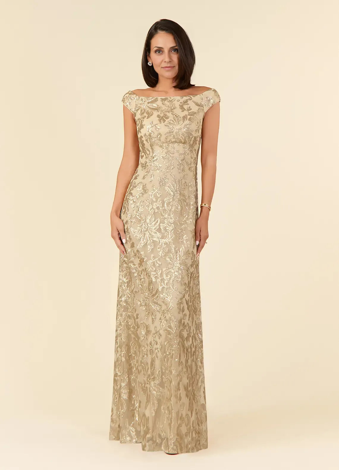 Weitese Dress Champagne A-Line Off the Shoulder Lace Maxi Dress Elegant Cap Sleeves Back Zip Mother of the Bride Dress
