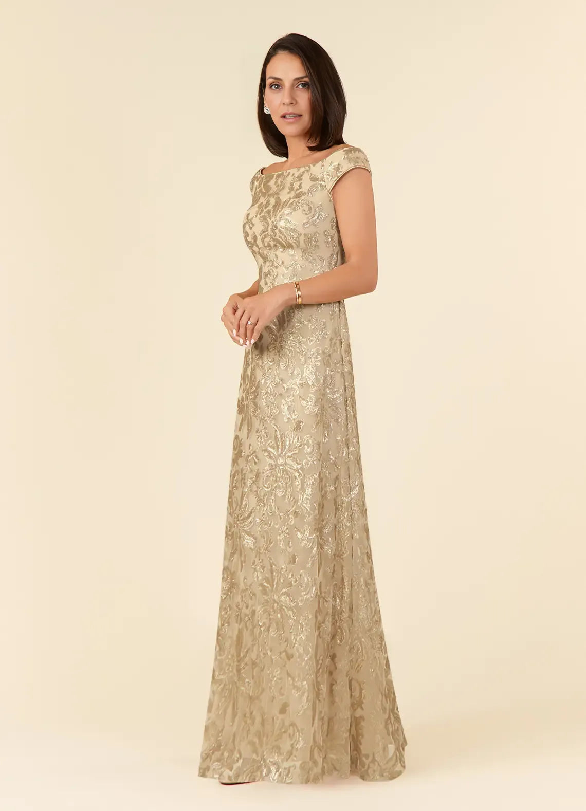 Weitese Dress Champagne A-Line Off the Shoulder Lace Maxi Dress Elegant Cap Sleeves Back Zip Mother of the Bride Dress