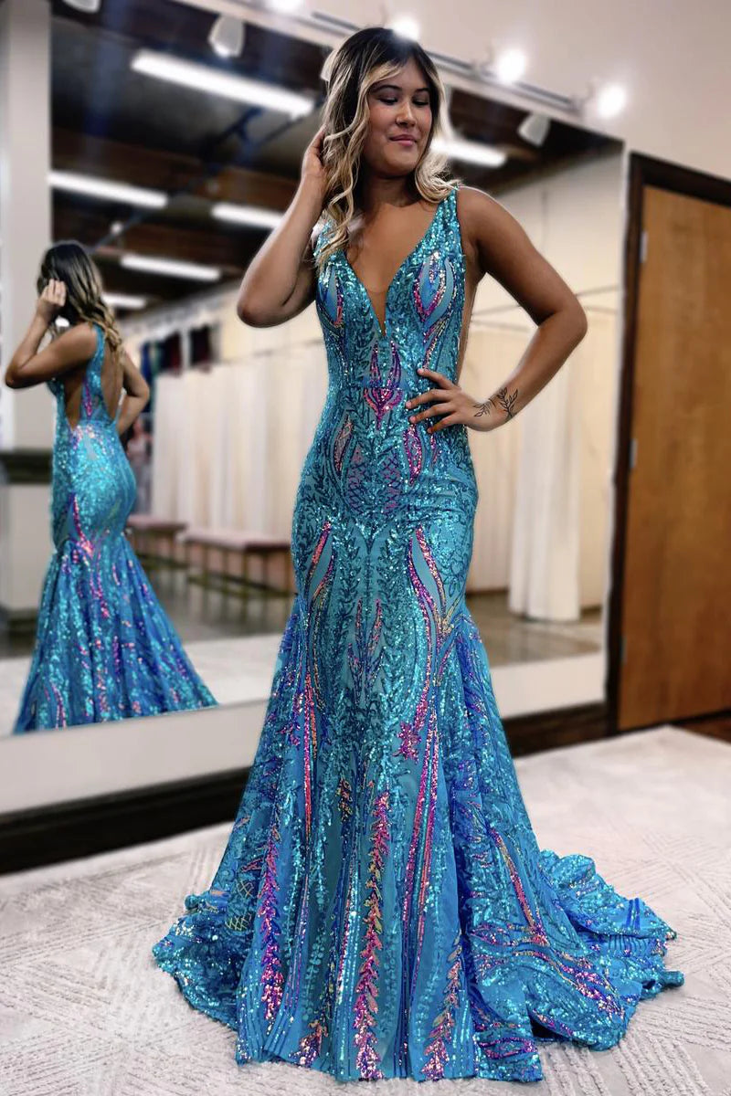 Weitese Dress Charming Mermaid V Neck Blue Sequin Lace Long Prom Dresses