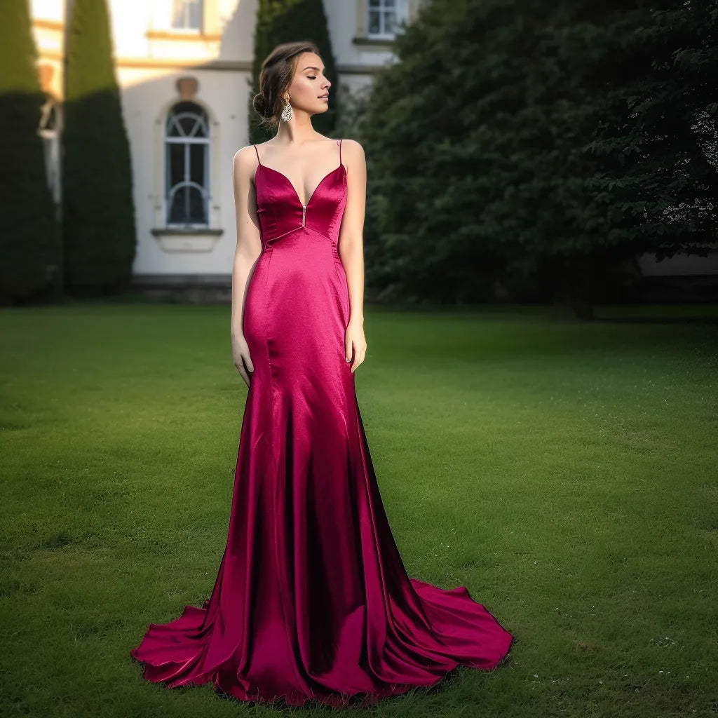 Vestido Weitese encantador con escote en V, tirantes finos, sin mangas, vestido largo de noche, espalda abierta, vestido de fiesta 