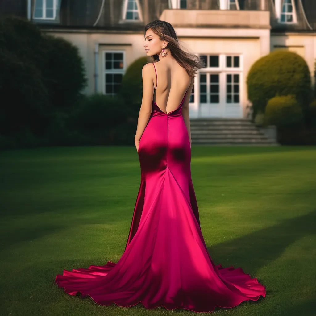 Vestido Weitese encantador con escote en V, tirantes finos, sin mangas, vestido largo de noche, espalda abierta, vestido de fiesta 