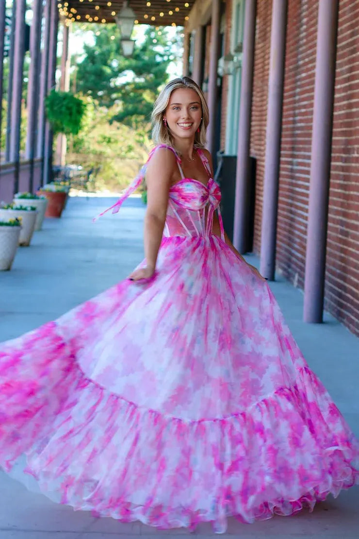 Weitese Dress Cute A Line Sweetheart Pink Printed Chiffon Long Prom Dresses