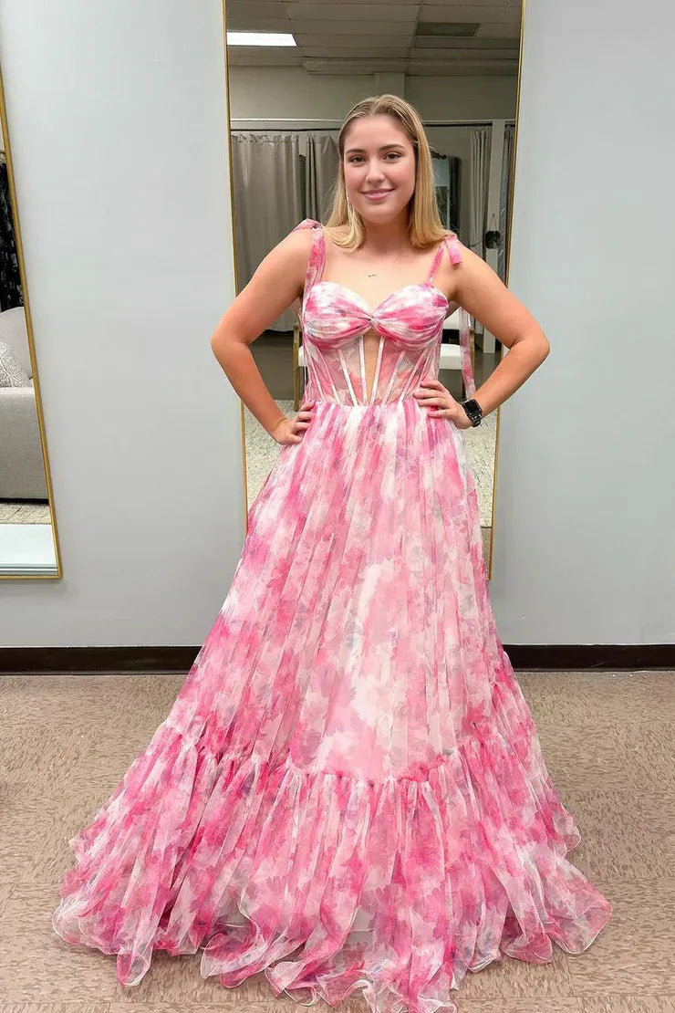 Weitese Dress Cute A Line Sweetheart Pink Printed Chiffon Long Prom Dresses