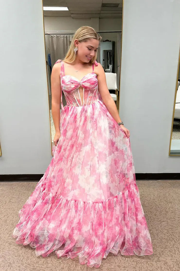Weitese Dress Cute A Line Sweetheart Pink Printed Chiffon Long Prom Dresses