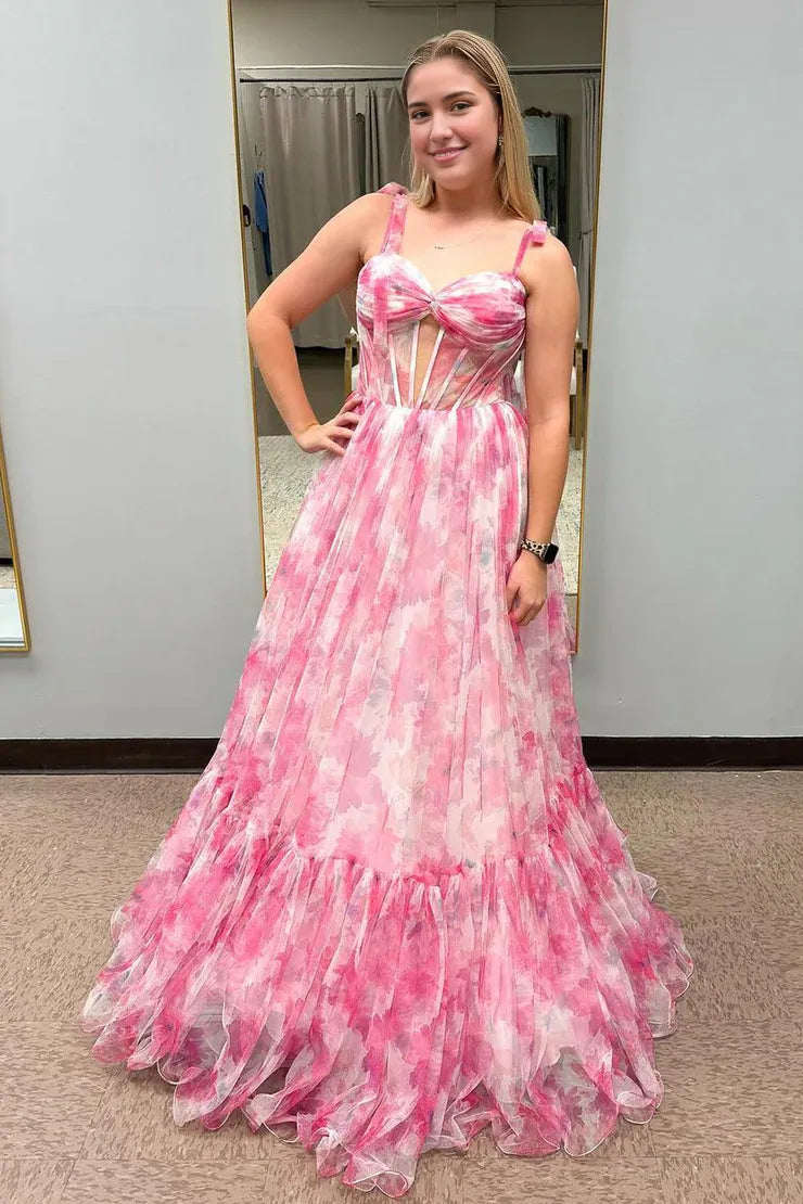 Weitese Dress Cute A Line Sweetheart Pink Printed Chiffon Long Prom Dresses